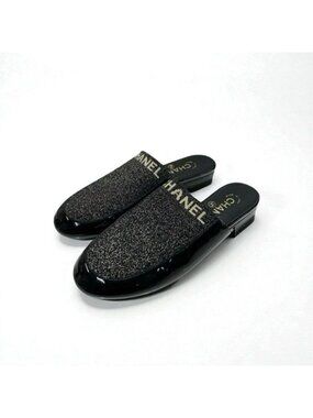 Chanel Flat Shoes Patent Fabric Black Gold Mule Logo Lame